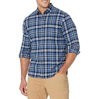 Image de Amazon Essentials Chemise En Flanelle À Carreaux Manches Longues Et Coupe Ajustée (Couleurs Édition Limitée) Men&#039;s, Noir Bleu Écossais, S