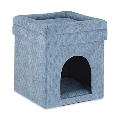 Afbeelding van Relaxdays kattenmand poef hocker kat poezenmand kattenhuis krukje opvouwbaar grijs
