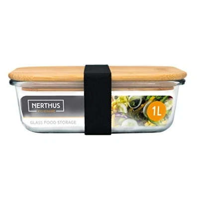Afbeelding van NERTHUS Luchtdichte glazen container met bamboedeksel, 1000 ml, borosilicaat
