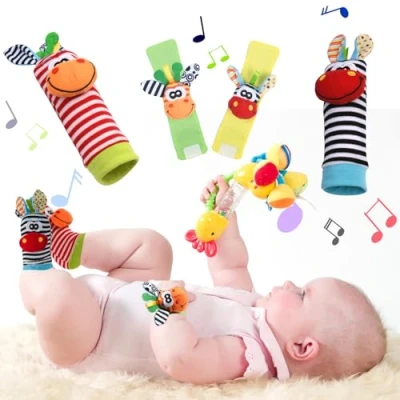 Afbeelding van Vicloon rammelaar voor baby&#039;s, 4 stuks babypols en sokken, rammelaar, voetzoeker ontwikkelingsspeelgoed, cadeau peuters, jongens meisjes (ezel)