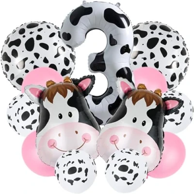 Afbeelding van DIWULI Verjaardagsdecoratie, koe, ballon, nummer 3, set
