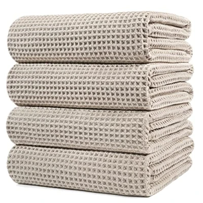Afbeelding van Polyte Microvezel badhanddoek pluisvrij en sneldrogend wafelstructuur extra groot beige 152 x 76 cm set van 4
