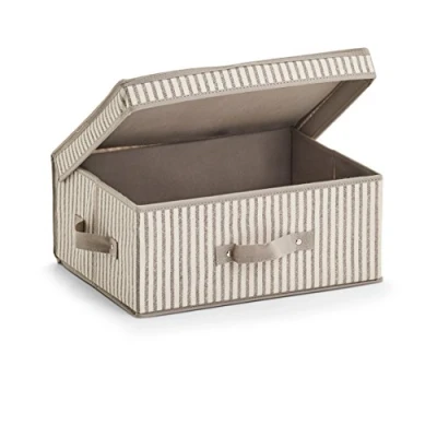 Afbeelding van Opbergdoos met deksel strepen, vlies, beige