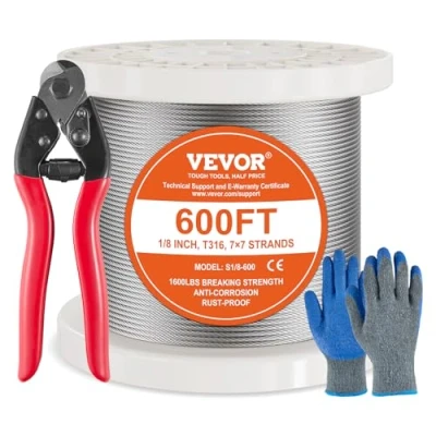 Image de VEVOR Câble Acier Inoxydable 316 Diamètre 3,18 mm 182,3 m 7x7 pour Garde corps