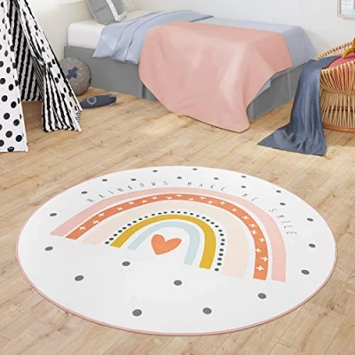Afbeelding van TT Home Tapijt voor kinderkamer, babytapijt, modern regenboogmotief, hartdesign, kleur: crème, afmetingen: Ø 120 cm, rond