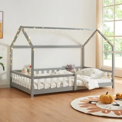 Afbeelding van Kinderbed Hesel huisbed met uitvalbeveiliging 140x200 cm grijs [en.casa]