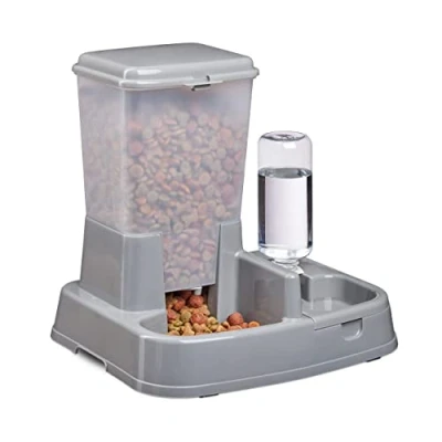 Afbeelding van relaxdays Voer en drinkbak 2 in 1 honden katten voederdispenser eetbak waterbak donkergrijs