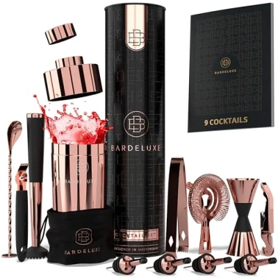 Afbeelding van BarDeluxe® Cocktail Set 12 Delig Cocktailset Shaker Cocktailshakerset Cocktailshaker Recepten Boek Cadeau voor Man Vrouw Luxe Cadeauverpakking &amp; Bewaarhoes Rosé Goud