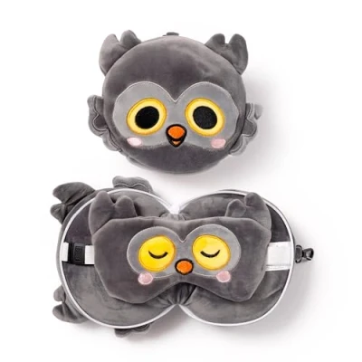 Afbeelding van Relaxeazzz Adoramals Winston the Owl Plush Travel Pillow &amp; Eye Mask Nekkussen + Uil Height 15cm Width 18cm Depth 10cm Open 18x28x7cm