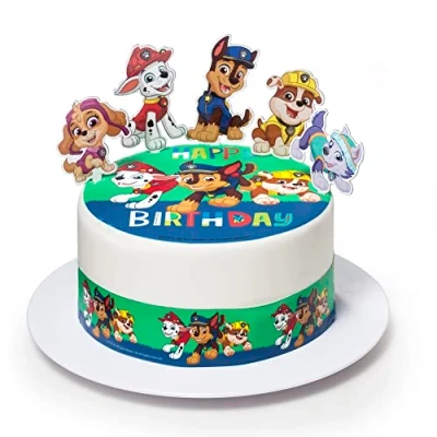 Afbeelding van Kardasis Paw Patrol thema eetbare papieren verjaardagstaartdecoratie, 20 cm + 3 linten van 28 x 5 4 figuren