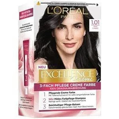 Afbeelding van L&#039;Oréal Paris Permanente haarverf voor grijs haar, 100% met kleuring, shampoo en verzorgingscrème, 3 laags, Excellence crème, nr. 1.01 diepzwart, 1 x 268 g