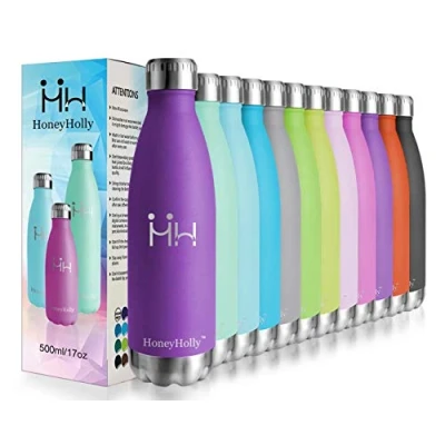 Image de HoneyHolly bouteille isotherme en acier inoxydable, 500 ml, sans BPA, étanche, 0,5 l, à double paroi pour vélo, voyage, sport, yoga, camping, vélo