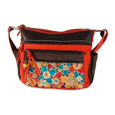 Afbeelding van Macha Indiase schoudertas katoen en leer dames etnische boho handtas hippie tas, Oranje