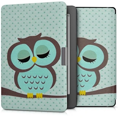 Afbeelding van kwmobile E reader hoesje geschikt voor Kobo Aura Edition 2 hoes flip case met magnetische sluiting Ereader cover Slapende Uil design in turquoise / bruin mintgroen