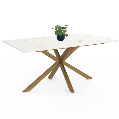 Image de Table à manger rectangle ALIX 8 personnes pied araignée laiton et plateau effet marbre blanc ALASKA 160 cm
