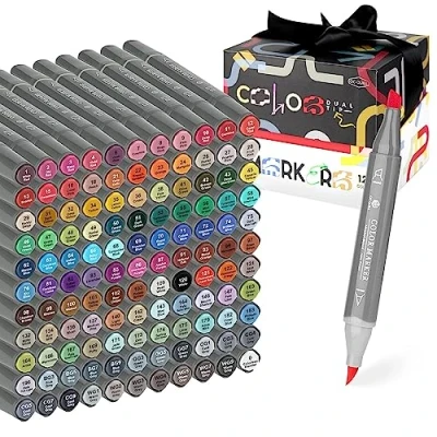 Afbeelding van GC QUILL Alcoholstift, 121 kleuren, penseelmarker en schaar, alcoholstiften voor professioneel tekenen, schetsen, manga, kleuren MK121