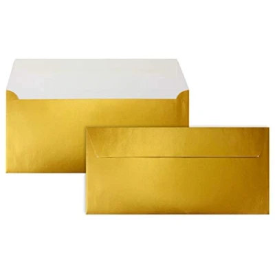 Afbeelding van 100 goud metallic enveloppen, DIN lang, 11 x 22 cm, zelfklevende glanzende enveloppen voor grote uitnodigingen en kaarten, bruiloft Kerstmis