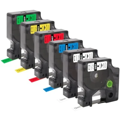 Afbeelding van Molabel Set van 6 labeltapes compatibel met Dymo D1 12 mm 45013 45010 45016 45017 45018 45019 x 7 m voor LabelManager 160 280 100 210D 360D 420P wit/transparant/blauw/rood