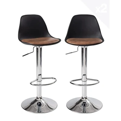 Afbeelding van KAYELLES Set van 2 design barkrukken, kussen kunstleer, vintage effect, gevoerd, voetsteun, chromen voet in hoogte verstelbaar en 360 draaibaar SIG + (zwart bruin)