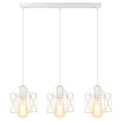 Afbeelding van iDEGU 3 hanglampen, industriële vintage metalen kooi, kroonluchter, plafondlamp, lampenkap, geometrisch design, E27, plafondlamp met stang voor slaapkamer, eetkamer, woonkamer (wit)