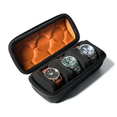 Afbeelding van AUKURA SLOTHard Reisetui met 3 wielen voor horloge ritssluiting dames en heren, anti bewegingskussen (zwart, sleuven)