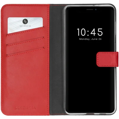 Afbeelding van Selencia Hoesje Geschikt voor iPhone 13 Mini Met Pasjeshouder Echt Lederen Bookcase Rood