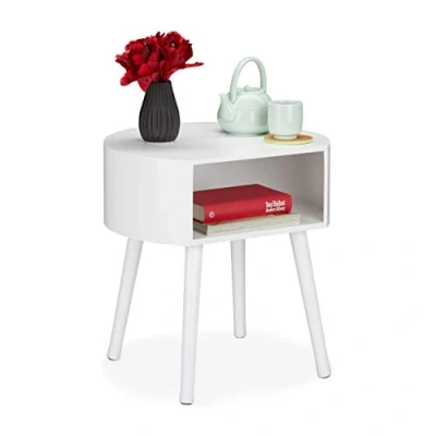 Afbeelding van Relaxdays bijzettafel rond nachtkastje bijzettafeltje met vak tafel wit hout