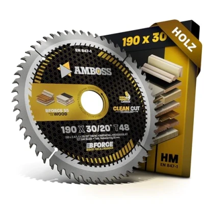 Afbeelding van AMBOSS WERKZEUGE® Cirkelzaagblad van hardmetaal, 190 x 30 mm, 20 tanden, 48 wisseltanden voor hout, fijn gesneden. Zaagblad mm + verloopring mm. Compatibel met Bosch GKS