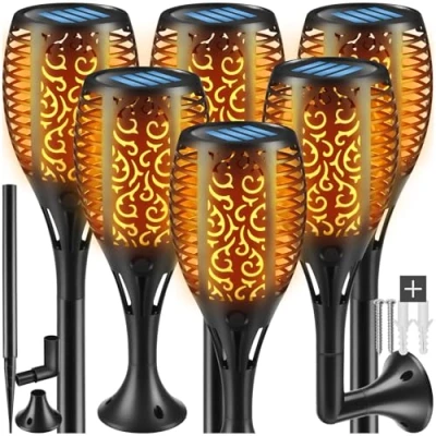 Afbeelding van tectake® Set van 6 Solarlampen &quot;Flare&quot; LED met Schemersensor, Duurzaam ABS Kunststof, 3 Montagemogelijkheden, 8 Uur Werktijd, Vlammenontwerp