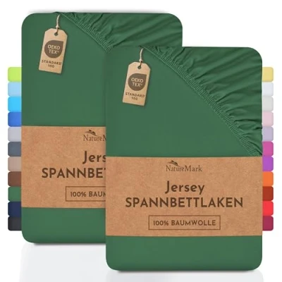 Image de NatureMark Lot de 2 draps housses en jersey pour enfant, 100% coton, dans nombreuses tailles et couleurs, qualité la marque Öko Tex Standard 100, 70 x 140 cm, Vert foncé