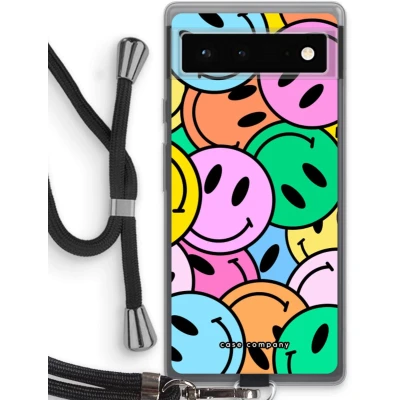 Afbeelding van Case Company® hoesje met Koord geschikt voor Google Pixel 6 Smiley N1 Telefoonhoesje Zwart Bescherming aan alle Kanten en Over de Schermrand