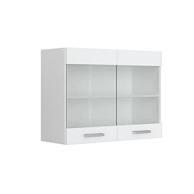 Afbeelding van Vicco Universele hangkast R Line, Wit Hoogglans/Wit, 80 cm met glazen deuren