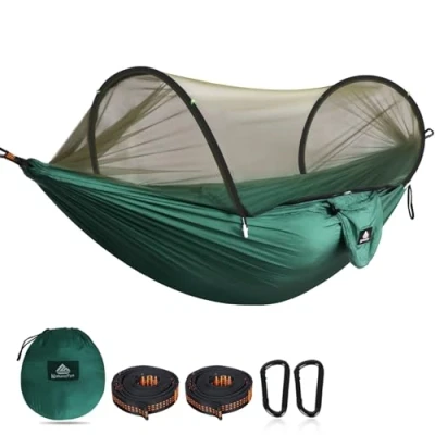 Afbeelding van NATUREFUN Ultralichte campinghangmat muggennet hangmat 300 kg draagkracht, ademend, sneldrogend parachutenylon 2 hoogwaardige karabijnhaken, x nylon riemen