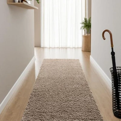 Afbeelding van Interiyou Sofia Hoogpolig tapijt 80x250 cm beige pluizig effen wasbaar antislip zacht