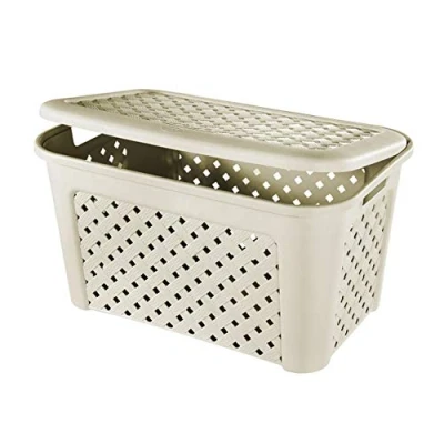 Afbeelding van XL tuinkist van robuust kunststof, hoogwaardige gevlochten look met deksel, design voor je huis (Angora wit)