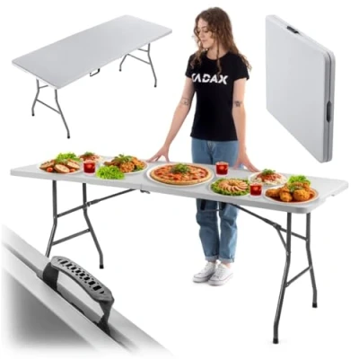 Afbeelding van KADAX Tuintafel, inklapbaar, 180 x 74 73 cm, weerbestendig, partytafel voor tuin, terras en balkon, robuuste buffettafel, campingtafel, wit