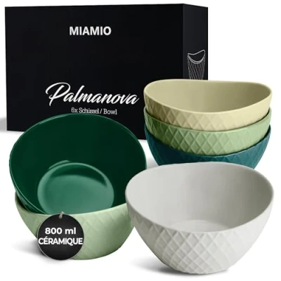 Afbeelding van MIAMIO 6 x 800 ml Set mueslikommen en kommen Moderne matte Grote kommenset Palmanova collectie (groen)