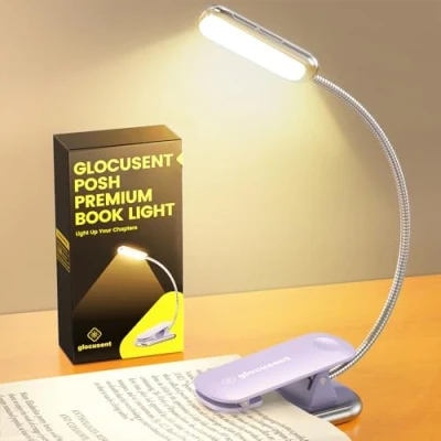 Afbeelding van Glocusent Posh Premium boeklamp met timer, leeslamp, oplaadbaar, 16 leds, werkt 160 uur, oogverzorging 1800 K op 3 kleuren, 5 helderheidsniveaus, perfect voor lezers (paars)
