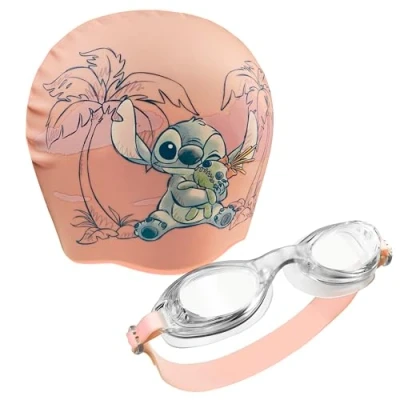 Afbeelding van Disney Zwembril voor kinderen, zwembrilset, anti condensatie en badmuts kinderen (lichtroze Stitch, 6 14 jaar)