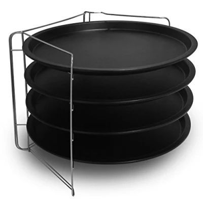 Afbeelding van Guardini Pizza&amp;Mania, Set van 4 pizzavormen Ø 32 cm + 1 houder, staal met antiaanbaklaag, kleur zwart