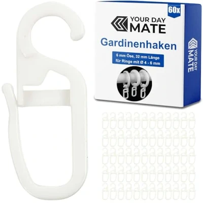 Afbeelding van 60 stuks gordijnhaken met ogen van 6 mm diameter, voor gordijnringen 4 mm, wit, gordijnringen, ophanghaken, plooihaken, gordijnhaken,