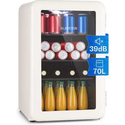 Afbeelding van Klarstein Poplife 70 Drankenkoeler Mini koelkast Retro design inhoud: Liter Temperatuur: 0 10 C Mechanische Draaiknop Led Binnenverlichting Verstelbare Poten Dubbele Beglazing Crème