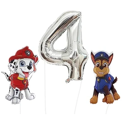 Afbeelding van Toyland® Chase &amp; Marshall Paw Patrol 2 stuks folieballonnen met 81,3 cm figuur en 1 x 101,6 cijferballon feestdecoratie voor kinderen