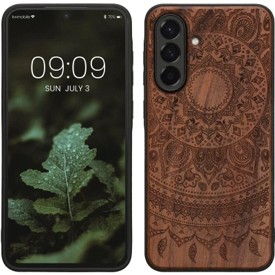 Afbeelding van kwmobile telefoonhoesje geschikt voorSamsung Galaxy A56 5G Hoesje met bumper hout In donkerbruin Indian Sun design