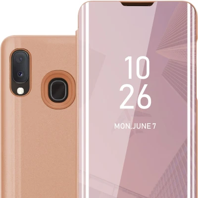 Afbeelding van Cadorabo Hoesje geschikt voor Samsung Galaxy A10e / A20e in KUNZIET ROZE Clear View Spiegel Beschermende Case met Tribunefunctie 360 Graden Bescherming Book Cover Etui