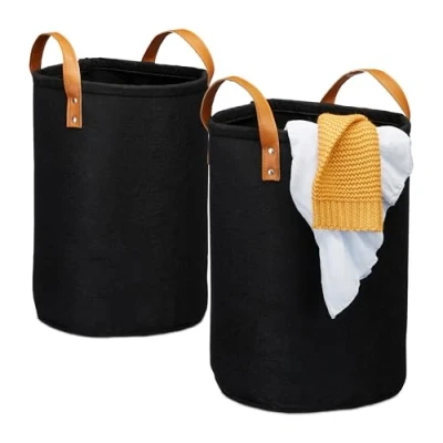 Afbeelding van Relaxdays wasmand wasverzamelaar wasbox wasgoed mand 28 liter vilt kunstleer zwart