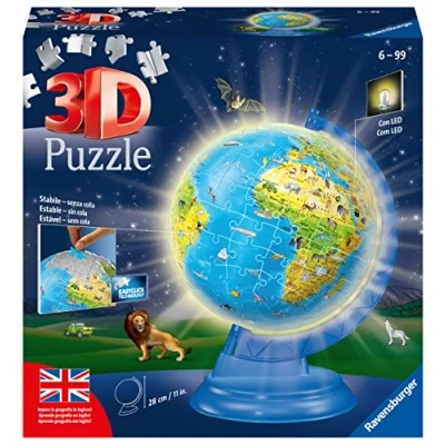Afbeelding van Ravensburger 3D puzzel, Globe Night Edition met licht, aardrijkskunde leren in het Engels, voor volwassenen en kinderen vanaf 6 jaar, cadeau idee, 188 stukjes