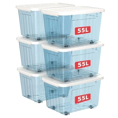 Afbeelding van Cetomo 55 l x 6 opbergdozen met deksel, opbergdoos van kunststof clips en wielen, stapelbaar, inbouw, voor kantoorkast thuis, blauw, transparant, l, stuks