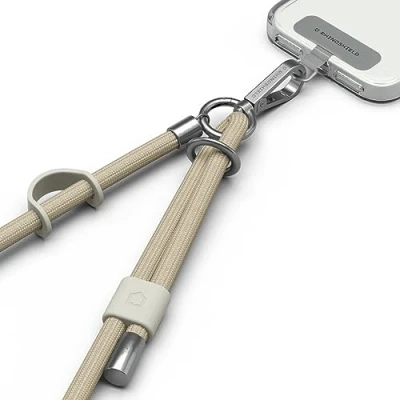 Afbeelding van RHINOSHIELD gevlochten telefoonkoord, duurzaam en verstelbaar koord, modieuze kleuren van gerecyclede materialen (adapter voor telefoonkoord inbegrepen) beige goud