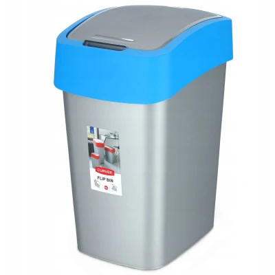 Afbeelding van CURVER Flip Bin afvalemmer met klapdeksel, 50 liter, zilver/blauw